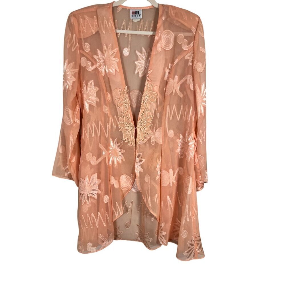 Vintage Floral Sheer Cardigan M Orange Retro Classic Old‎ Money Glam Cottagecore
